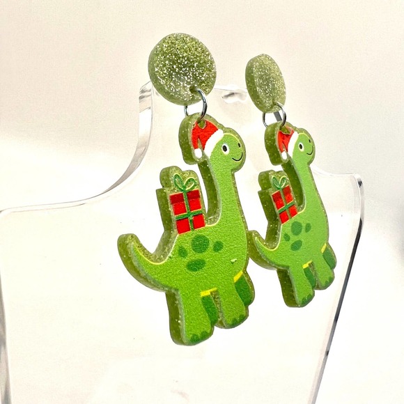 Christmas Dino Earrings - Dinosaur Earrings - Santa Earrings - Holiday Earrings - Picture 2 of 8
